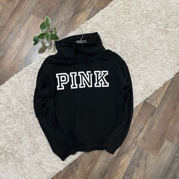 Victoria's Secret PINK Small Black Cowl Neck Drawstring Casual Cozy Sweatshirt - Picture 2 of 6